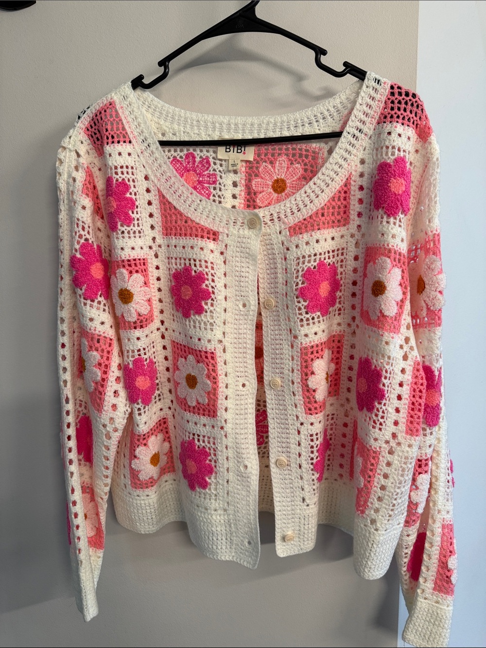 BiBi Cream Crochet Cardigan with Pink & Hot Pink Floral Squares